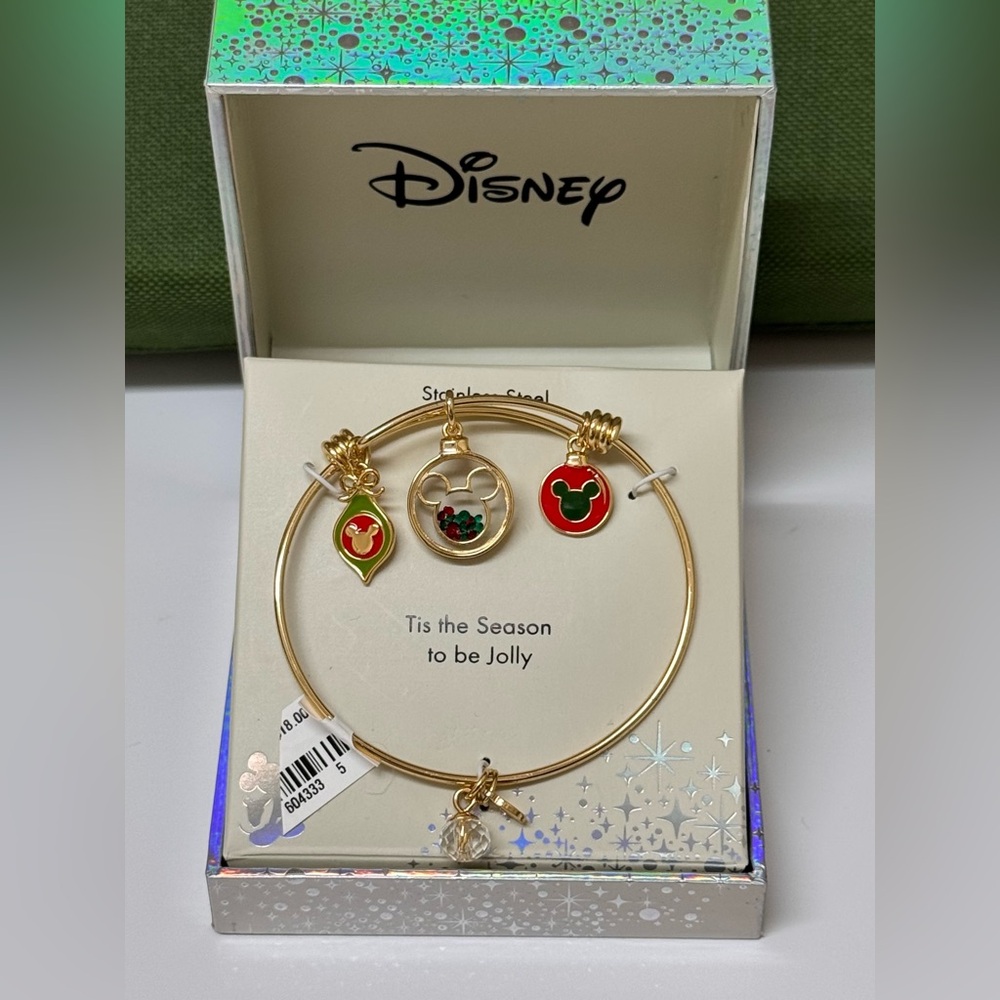 Disney Gold Christmas Stretchable Charm Bangle "'tis the season to be jolly"